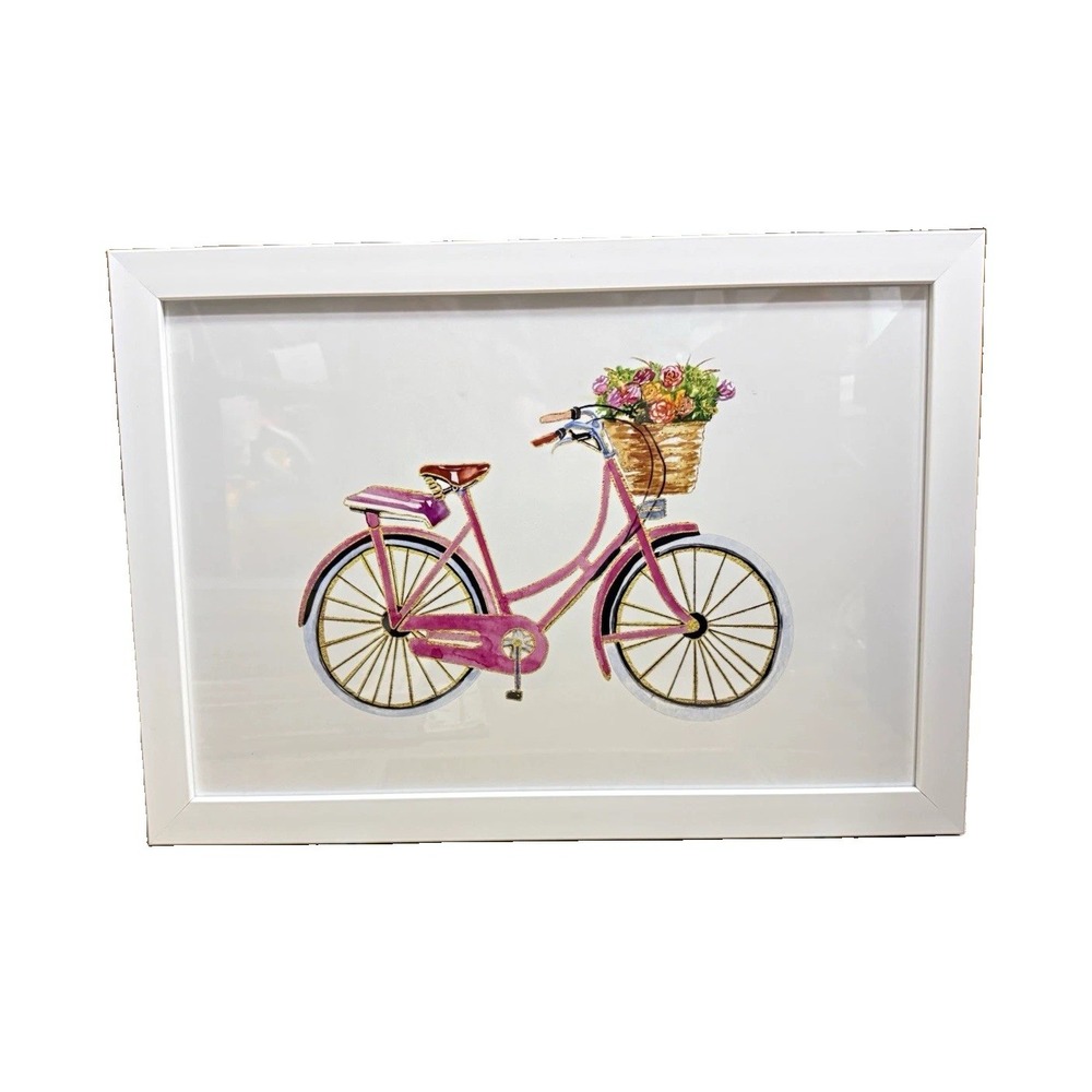 Pink Bicycle Floral Framed Wall Art Cottagecore Shabby Chic Decor 18" x 12"